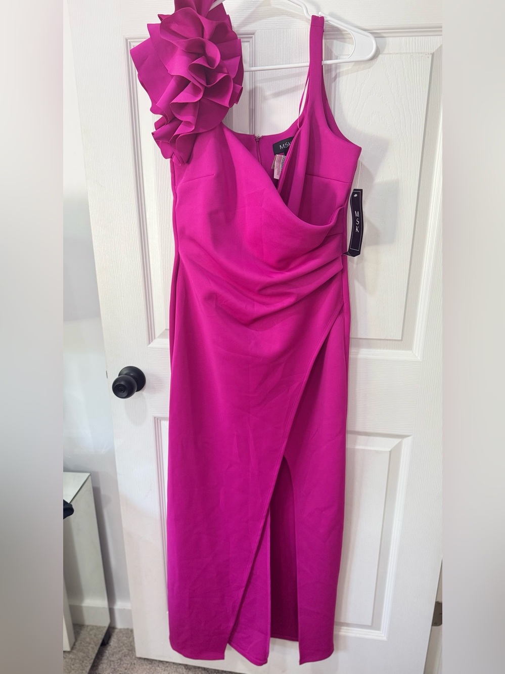 MSK Hot Pink One-Shoulder Ruffle Draped Gown